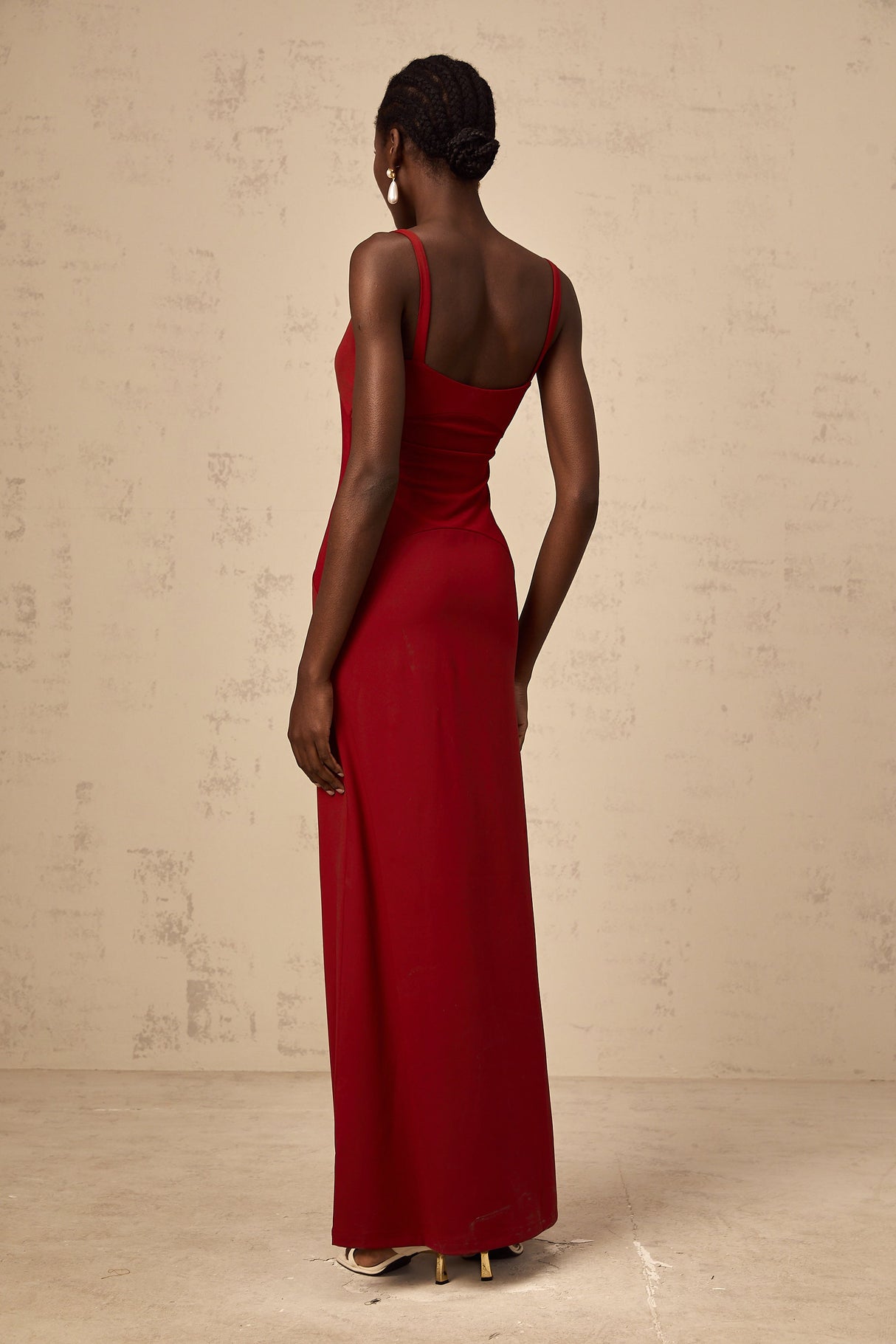 Aurohaya Céline red semi-sheer tulle-panel maxi dress