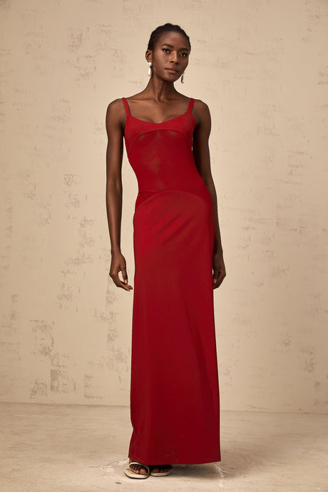 Aurohaya Céline red semi-sheer tulle-panel maxi dress