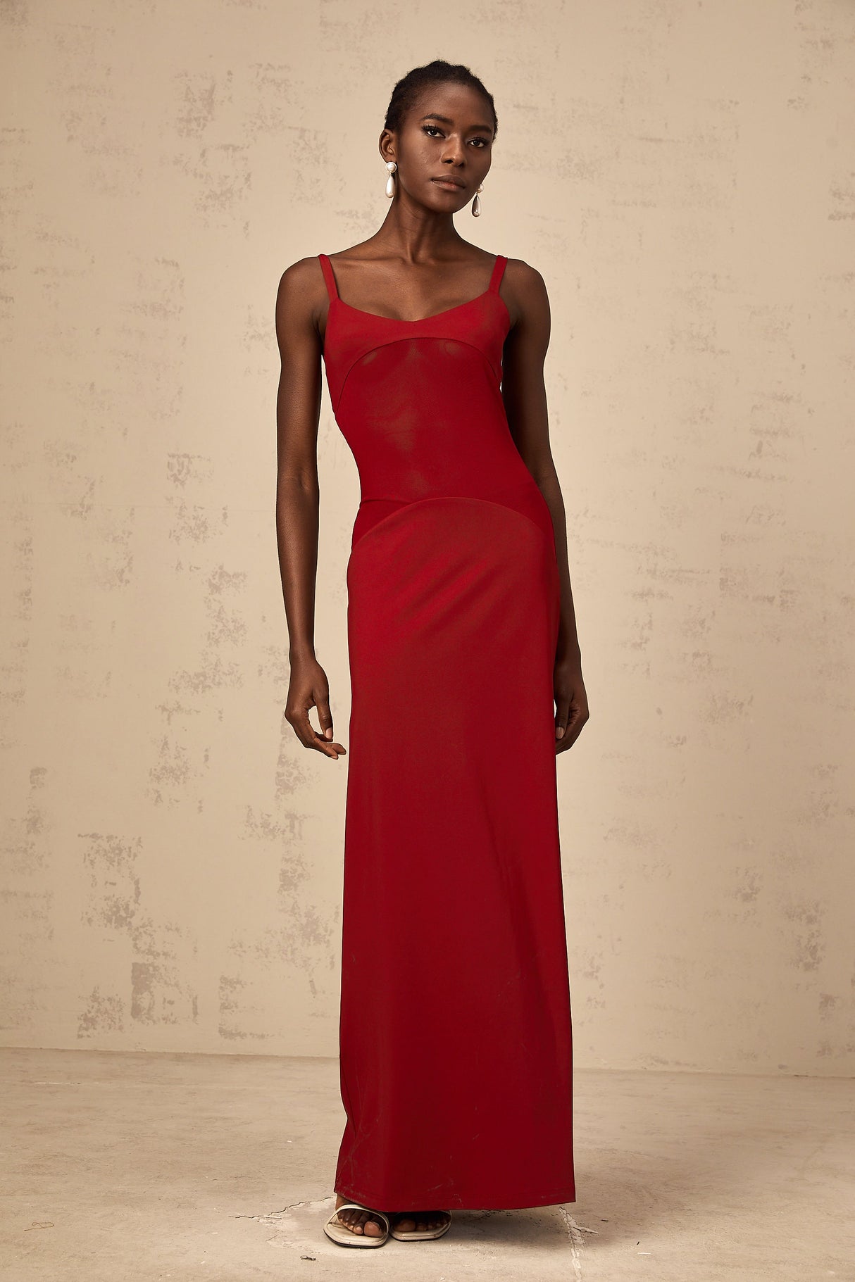 Aurohaya Céline red semi-sheer tulle-panel maxi dress