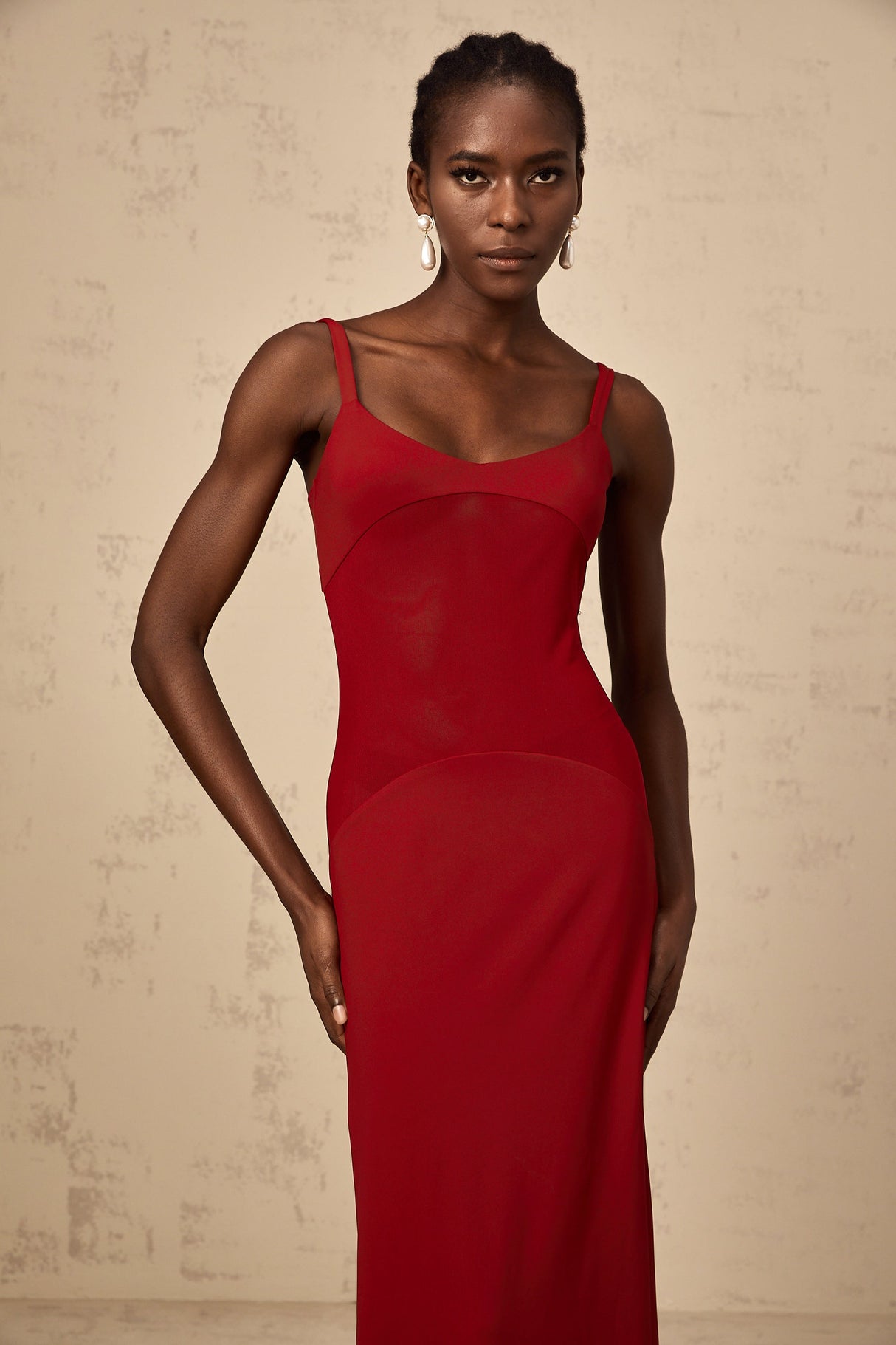 Aurohaya Céline red semi-sheer tulle-panel maxi dress