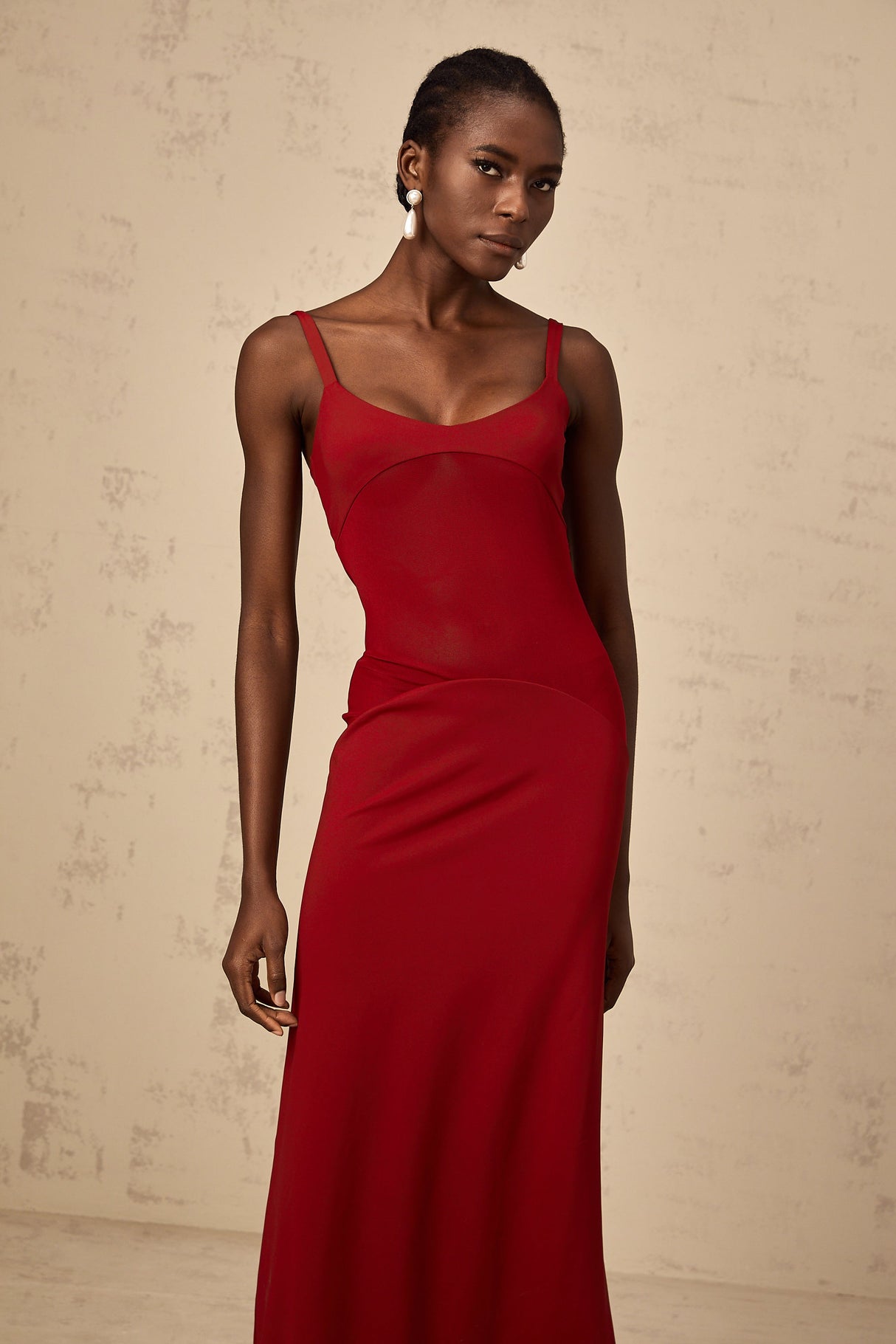 Aurohaya Céline red semi-sheer tulle-panel maxi dress