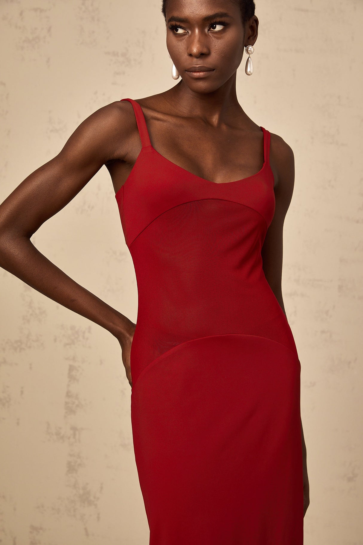 Aurohaya Céline red semi-sheer tulle-panel maxi dress