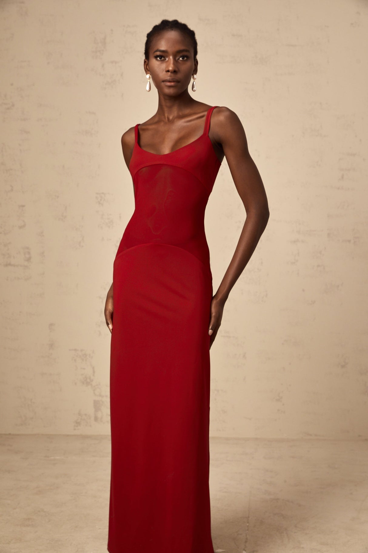 Aurohaya Céline red semi-sheer tulle-panel maxi dress