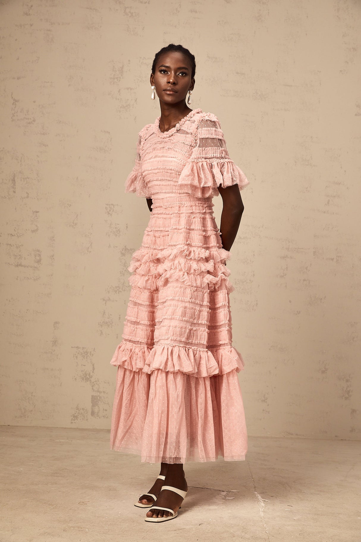 Aurohaya Aimée pink dot-detail ruffled tulle midi dress