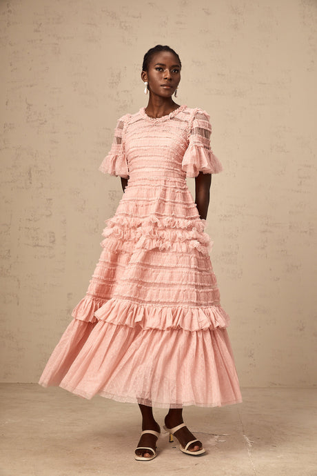 Aurohaya Aimée pink dot-detail ruffled tulle midi dress