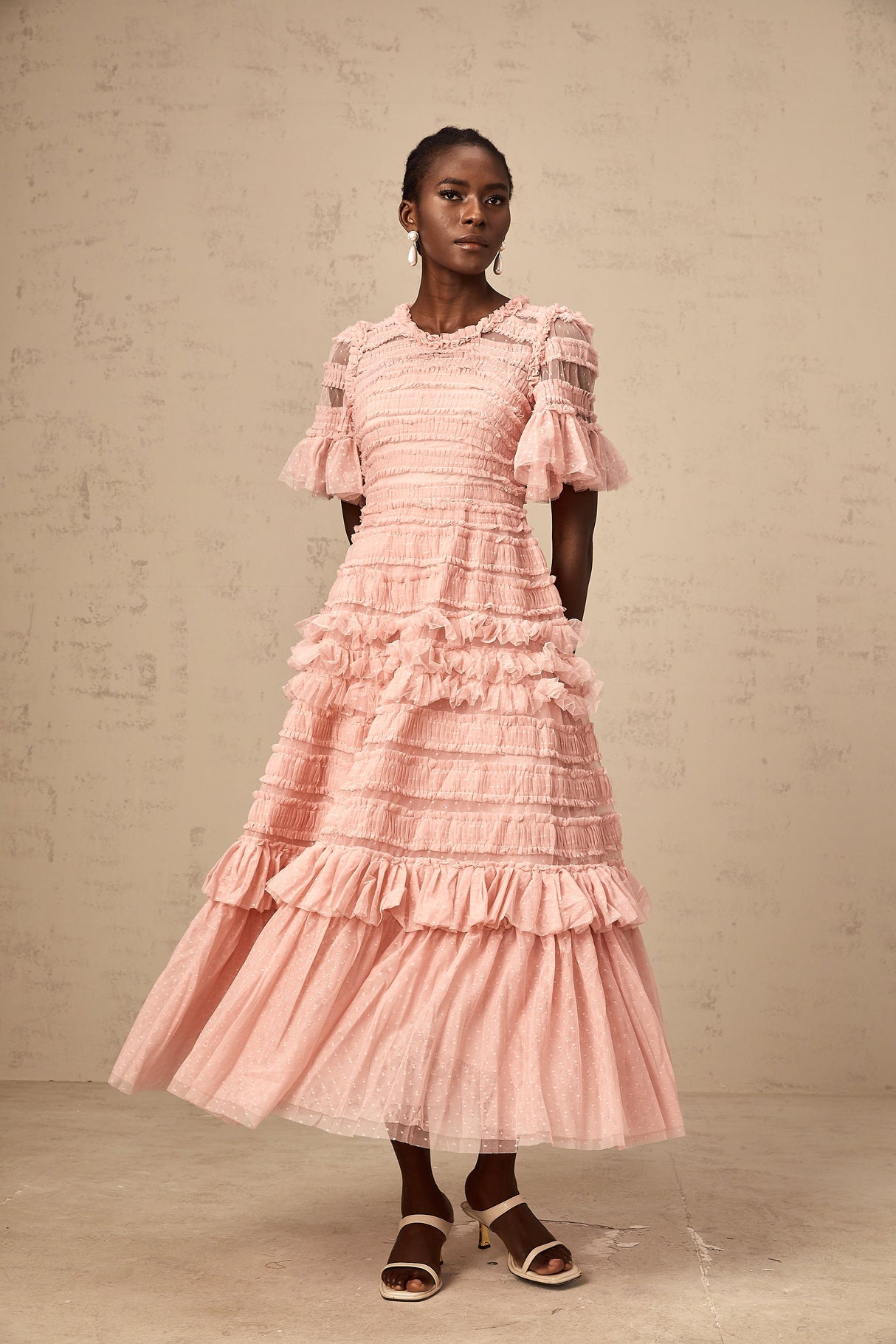 Aurohaya Aimée pink dot-detail ruffled tulle midi dress