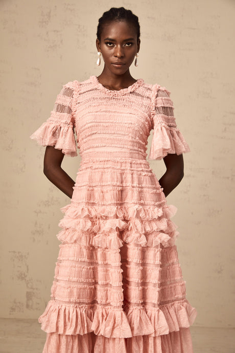 Aurohaya Aimée pink dot-detail ruffled tulle midi dress