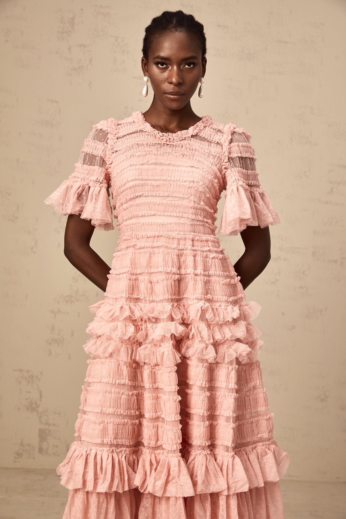 Aurohaya Aimée pink dot-detail ruffled tulle midi dress