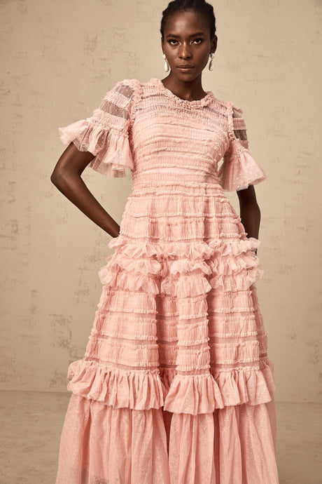 Aurohaya Aimée pink dot-detail ruffled tulle midi dress