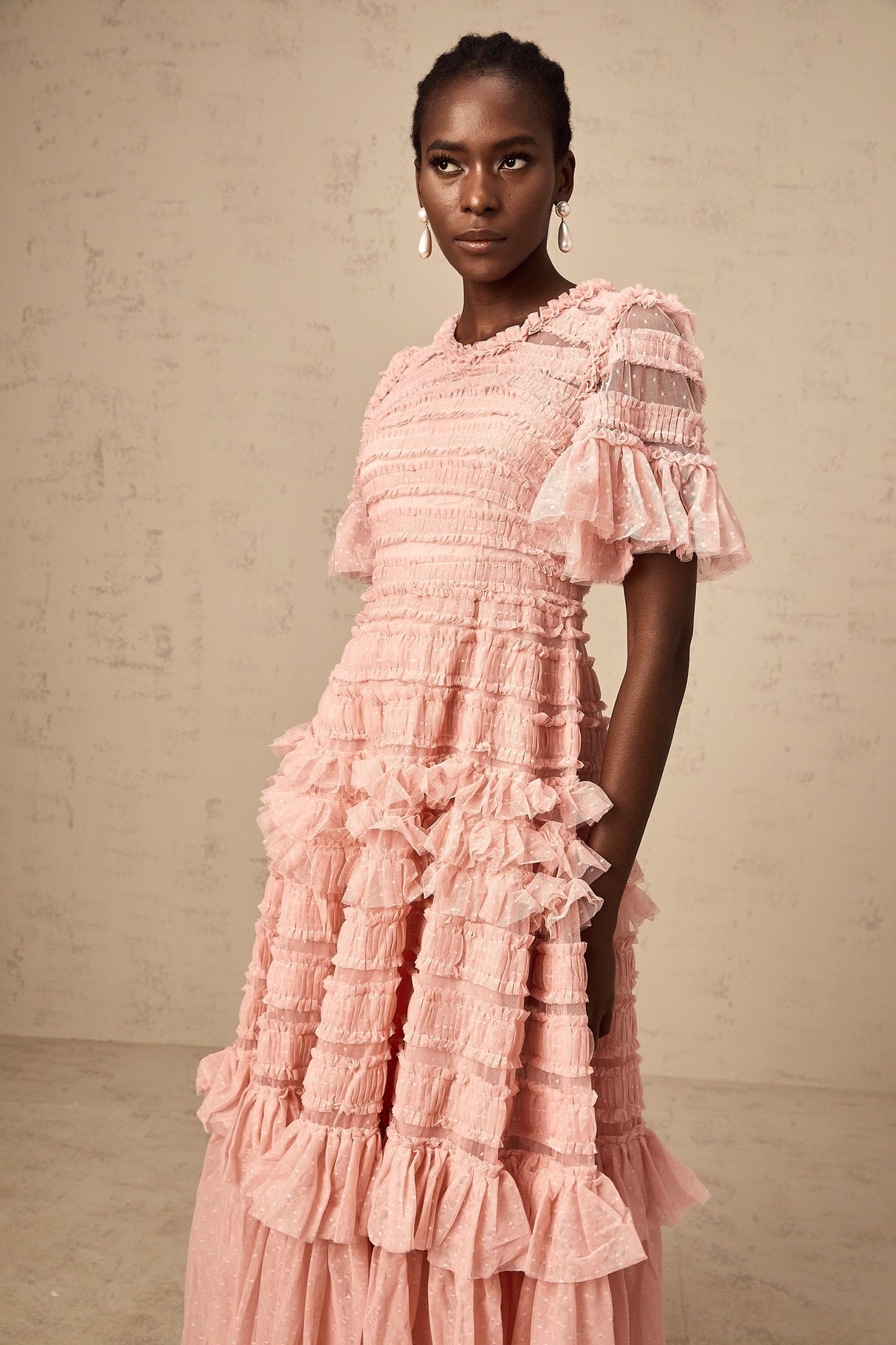 Aurohaya Aimée pink dot-detail ruffled tulle midi dress