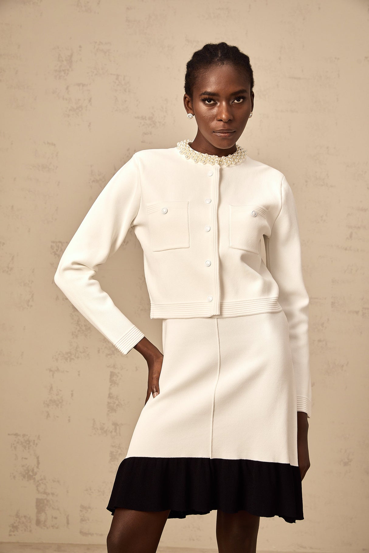 Aurohaya Coralie white faux-pearl knitted cardigan