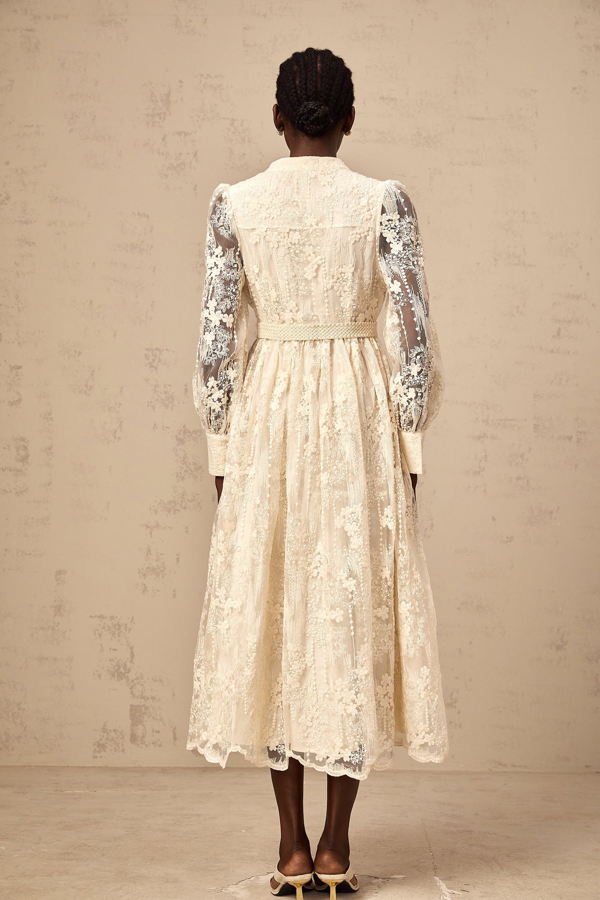 Aurohaya Roxane neutrals lace-embroidered midi dress