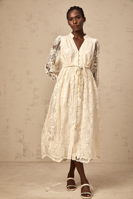 Aurohaya Roxane neutrals lace-embroidered midi dress