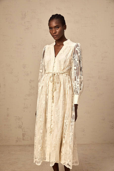 Aurohaya Roxane neutrals lace-embroidered midi dress