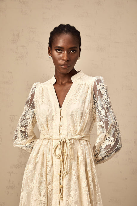 Aurohaya Roxane neutrals lace-embroidered midi dress