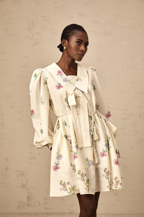 Aurohaya Perrine neutrals bowknot floral-print mini dress