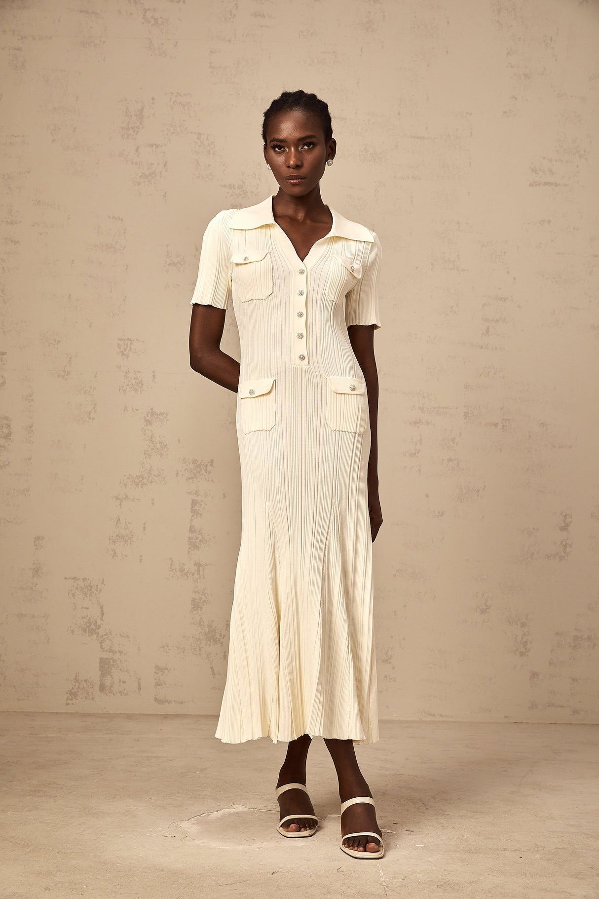 Aurohaya Nouria neutrals ribbed-knit midi dress