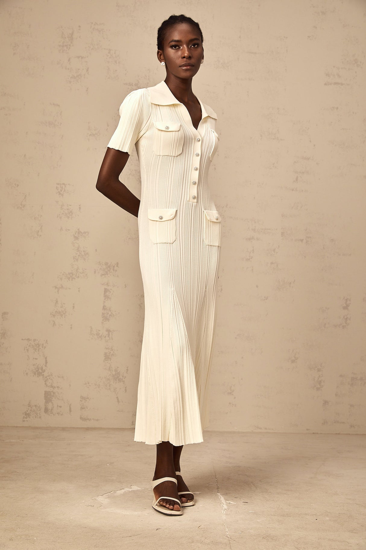 Aurohaya Nouria neutrals ribbed-knit midi dress