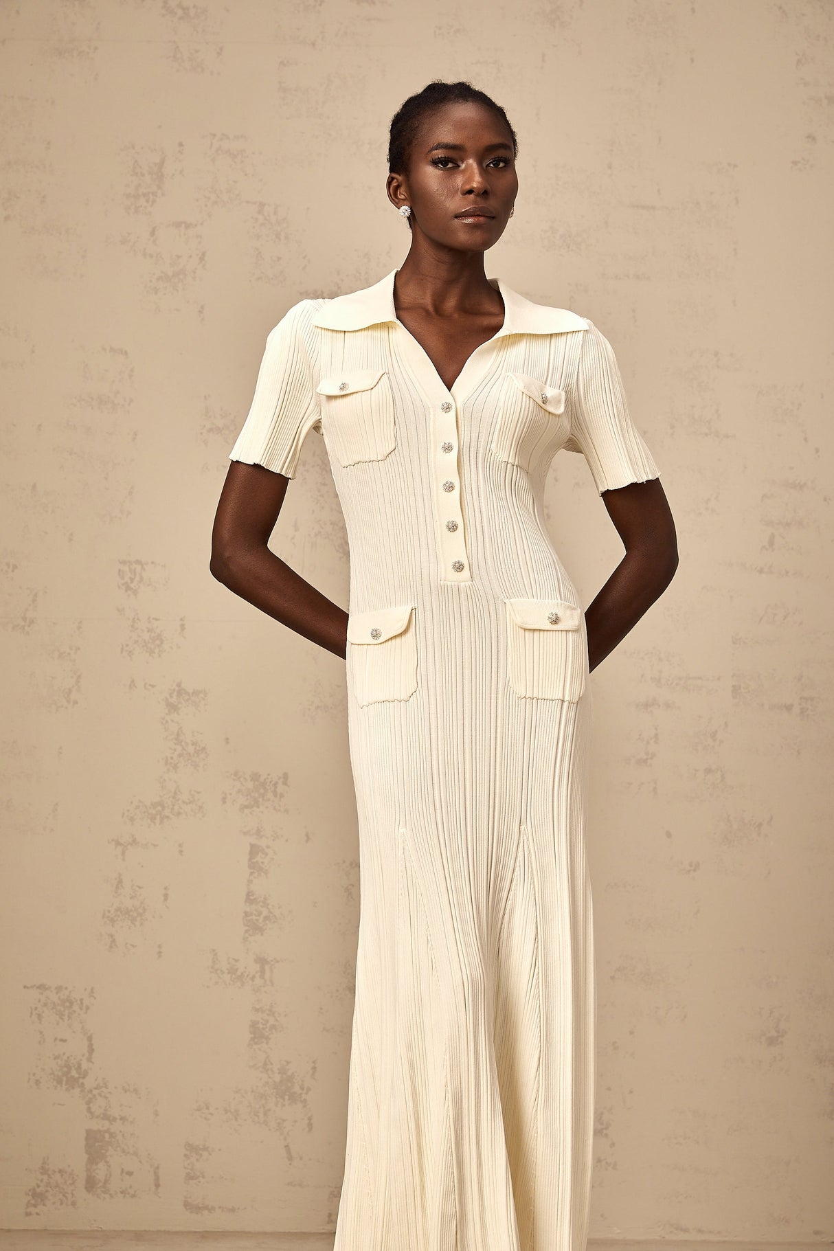Aurohaya Nouria neutrals ribbed-knit midi dress