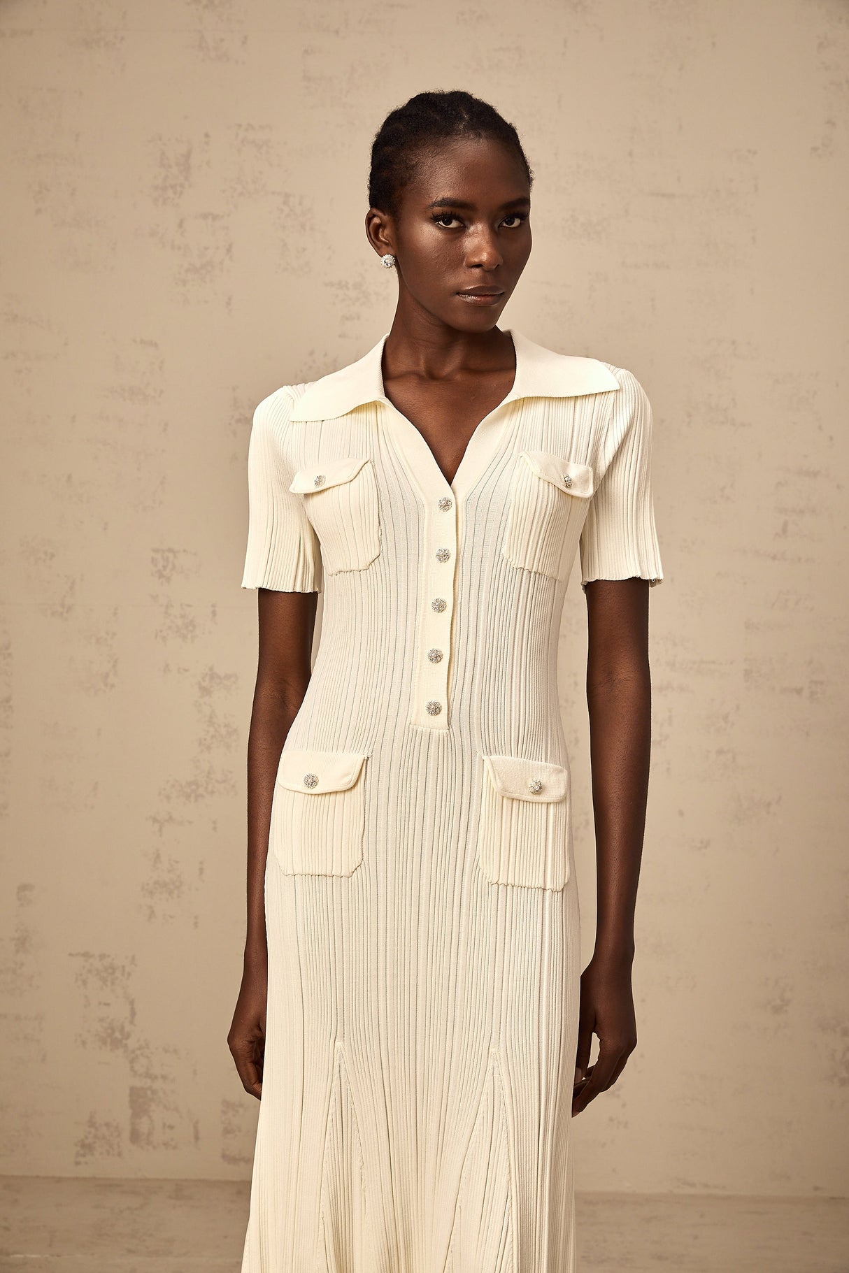 Aurohaya Nouria neutrals ribbed-knit midi dress
