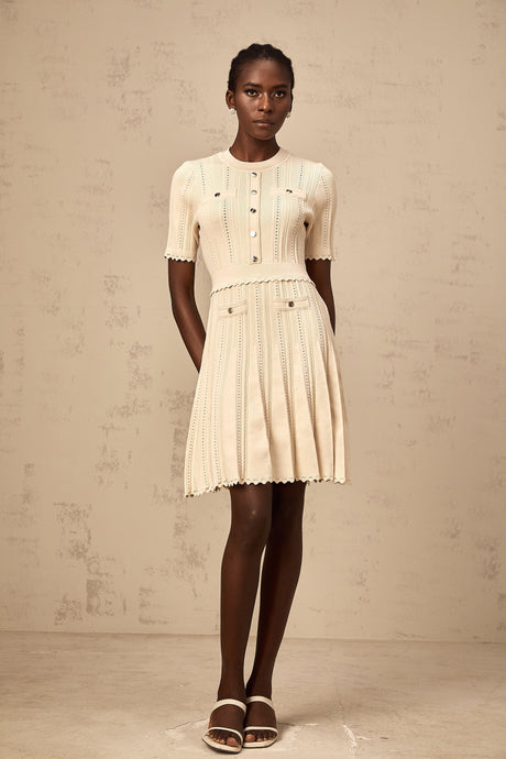 Aurohaya Amélie neutrals pointelle-trim pleated knit mini dress