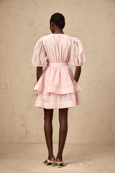 Aurohaya Florence pink floral-embroidered layered mini dress