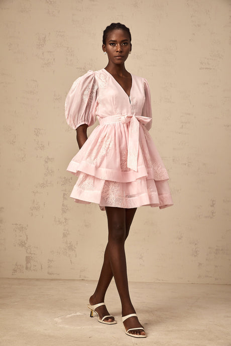 Aurohaya Florence pink floral-embroidered layered mini dress