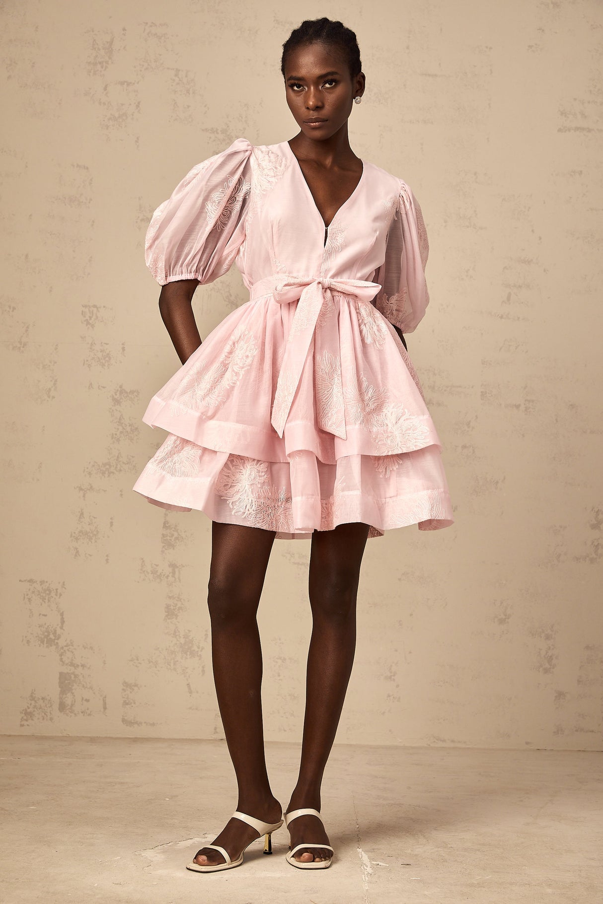 Aurohaya Florence pink floral-embroidered layered mini dress