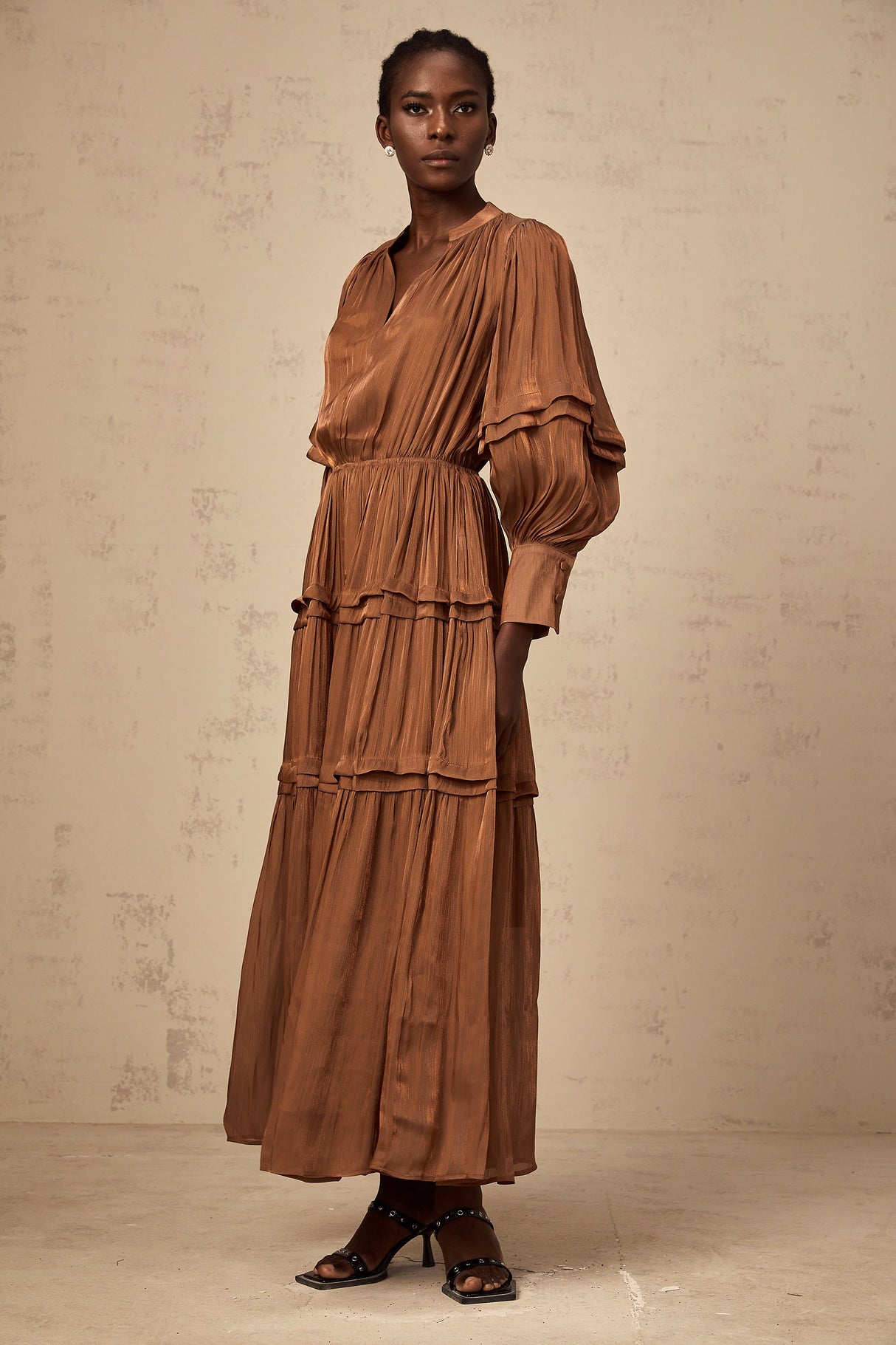 Aurohaya Emma brown ruffled-trim tiered maxi dress