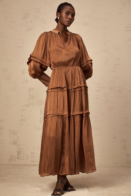 Aurohaya Emma brown ruffled-trim tiered maxi dress