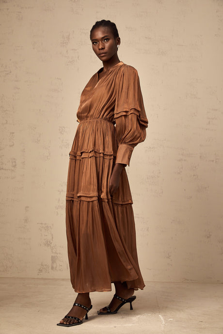 Aurohaya Emma brown ruffled-trim tiered maxi dress