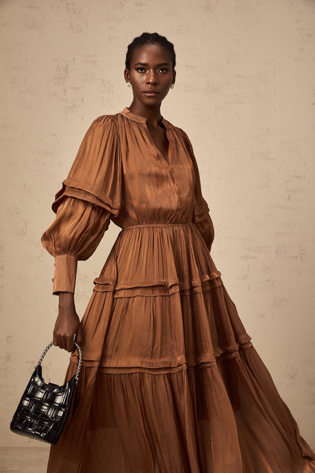 Aurohaya Emma brown ruffled-trim tiered maxi dress