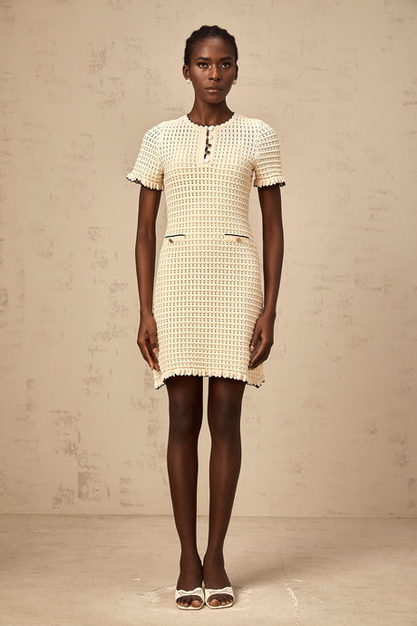 Aurohaya Victoire neutrals ruffled pointelle-knit mini dress