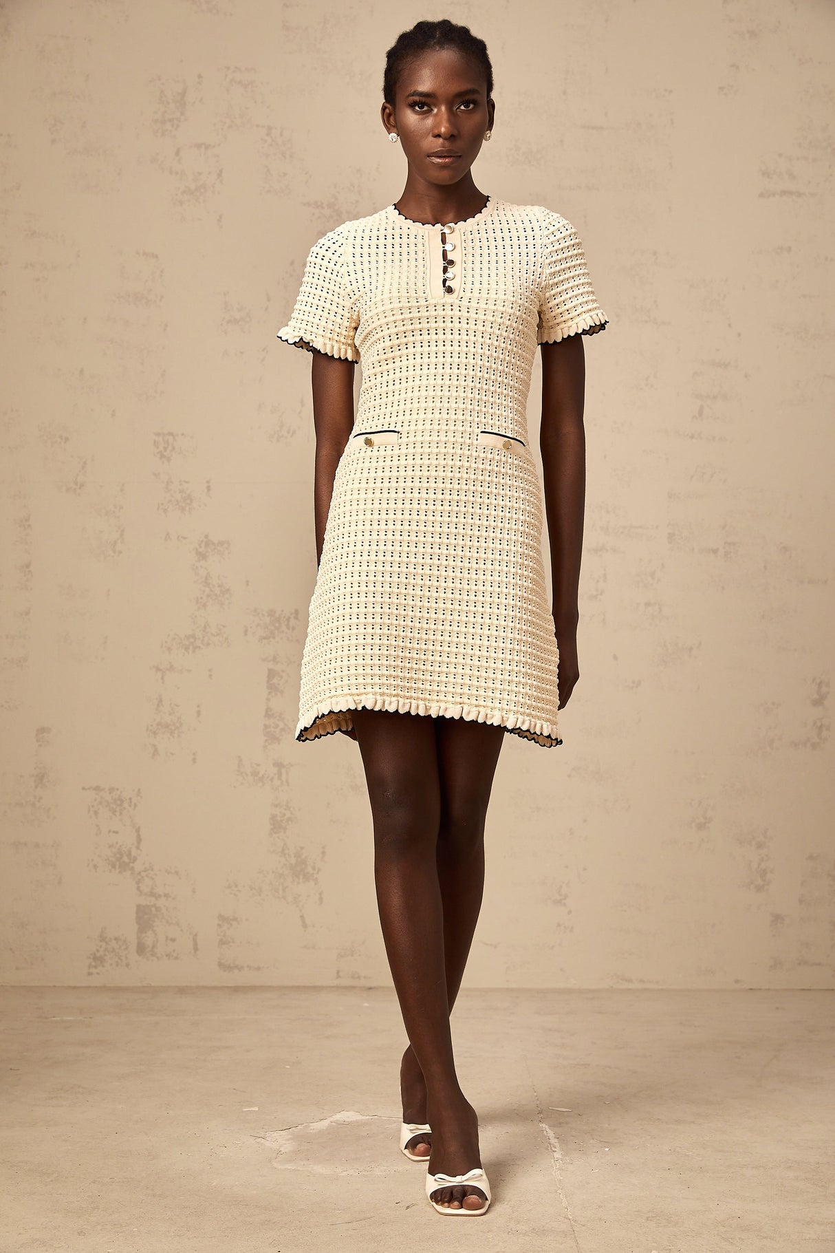 Aurohaya Victoire neutrals ruffled pointelle-knit mini dress