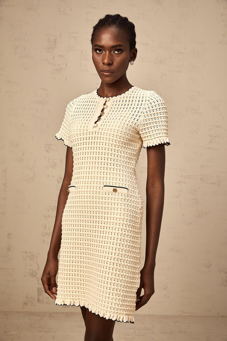 Aurohaya Victoire neutrals ruffled pointelle-knit mini dress