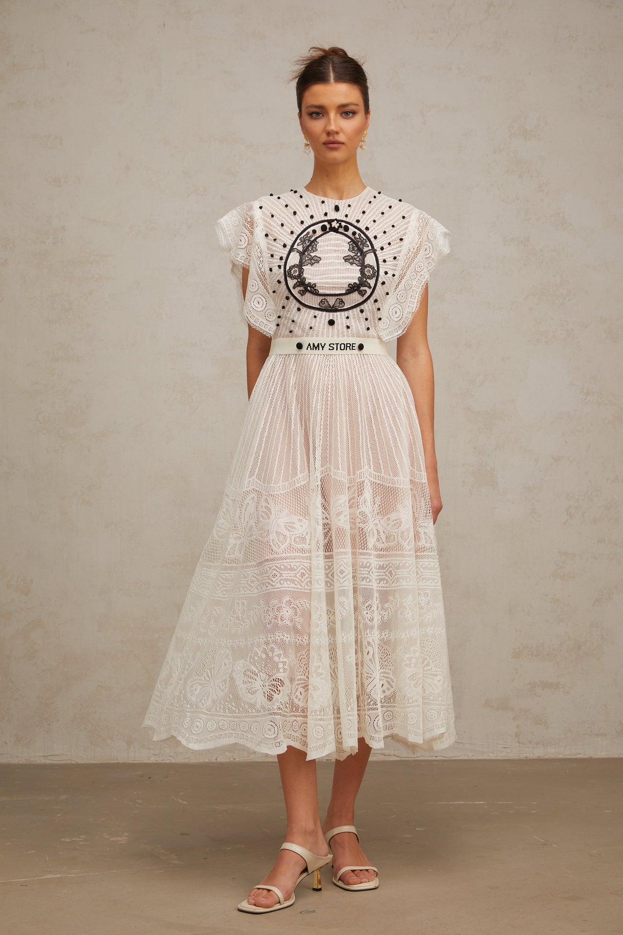 Aurohaya Phoebe white jacquard floral-lace pleated midi dress