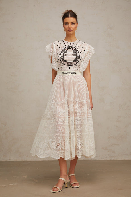Aurohaya Phoebe white jacquard floral-lace pleated midi dress