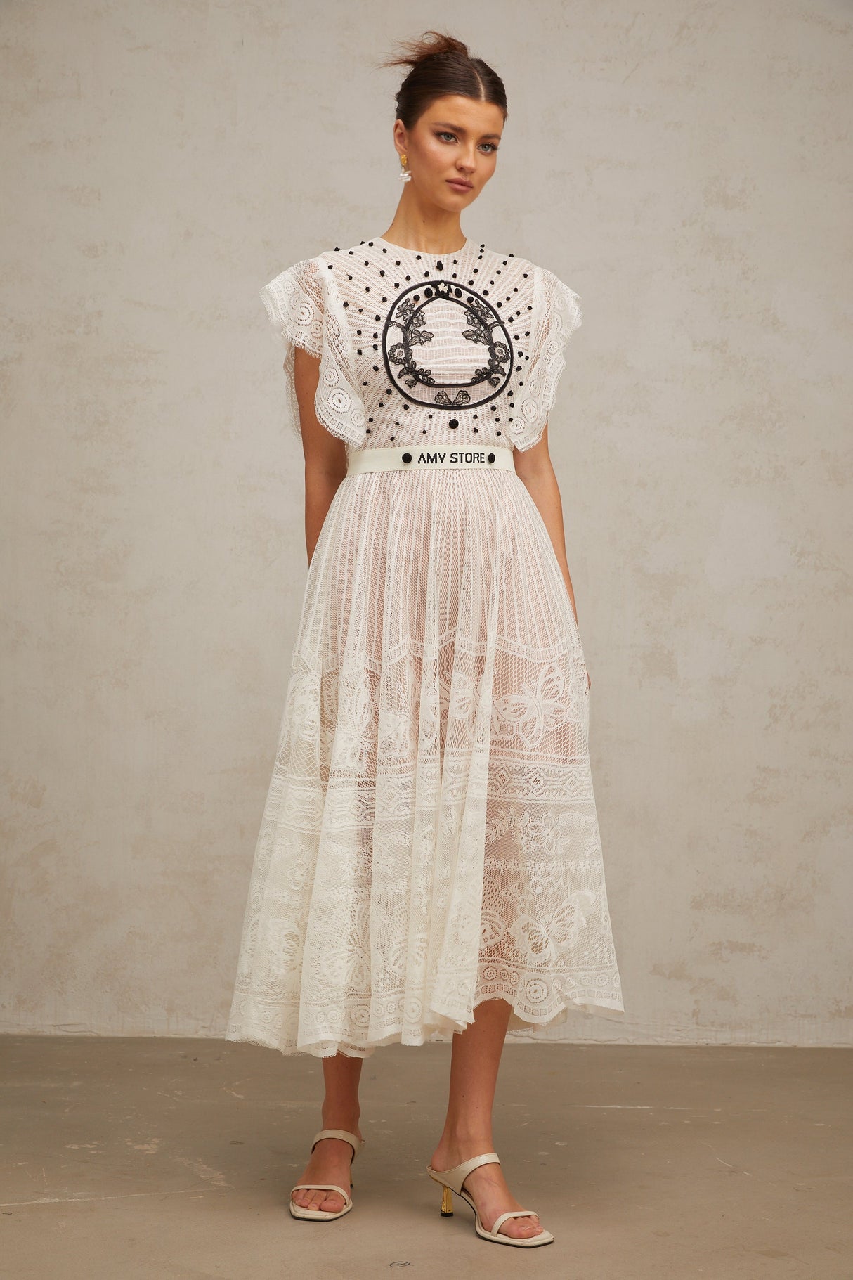 Aurohaya Phoebe white jacquard floral-lace pleated midi dress