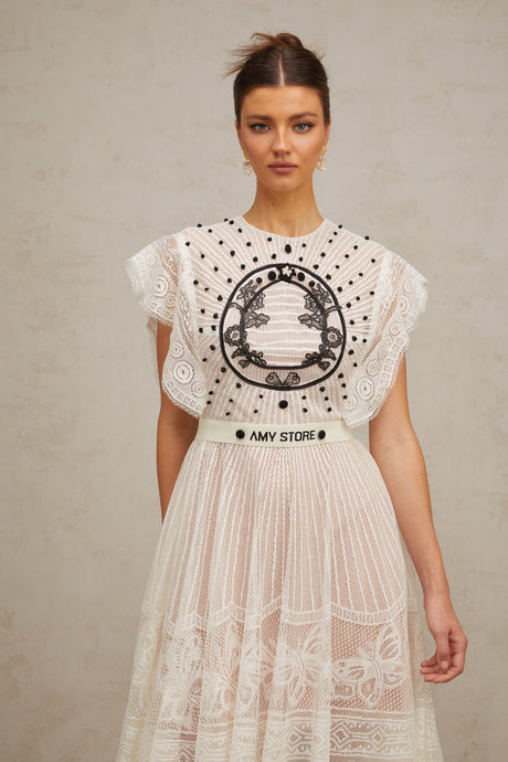 Aurohaya Phoebe white jacquard floral-lace pleated midi dress