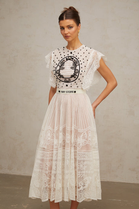 Aurohaya Phoebe white jacquard floral-lace pleated midi dress
