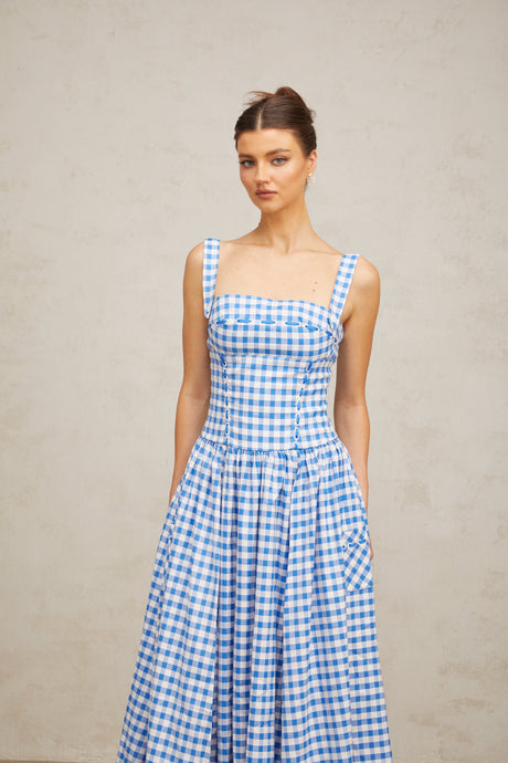Aurohaya Diane blue gingham midi dress