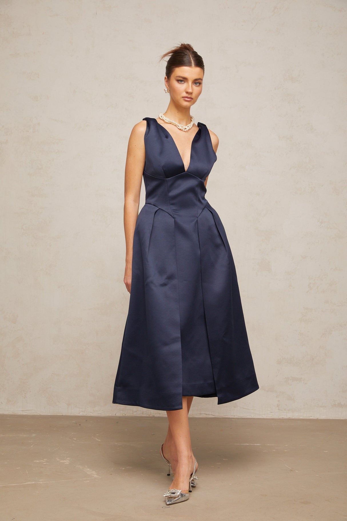 Aurohaya Chantale blue twist-detail satin midi dress