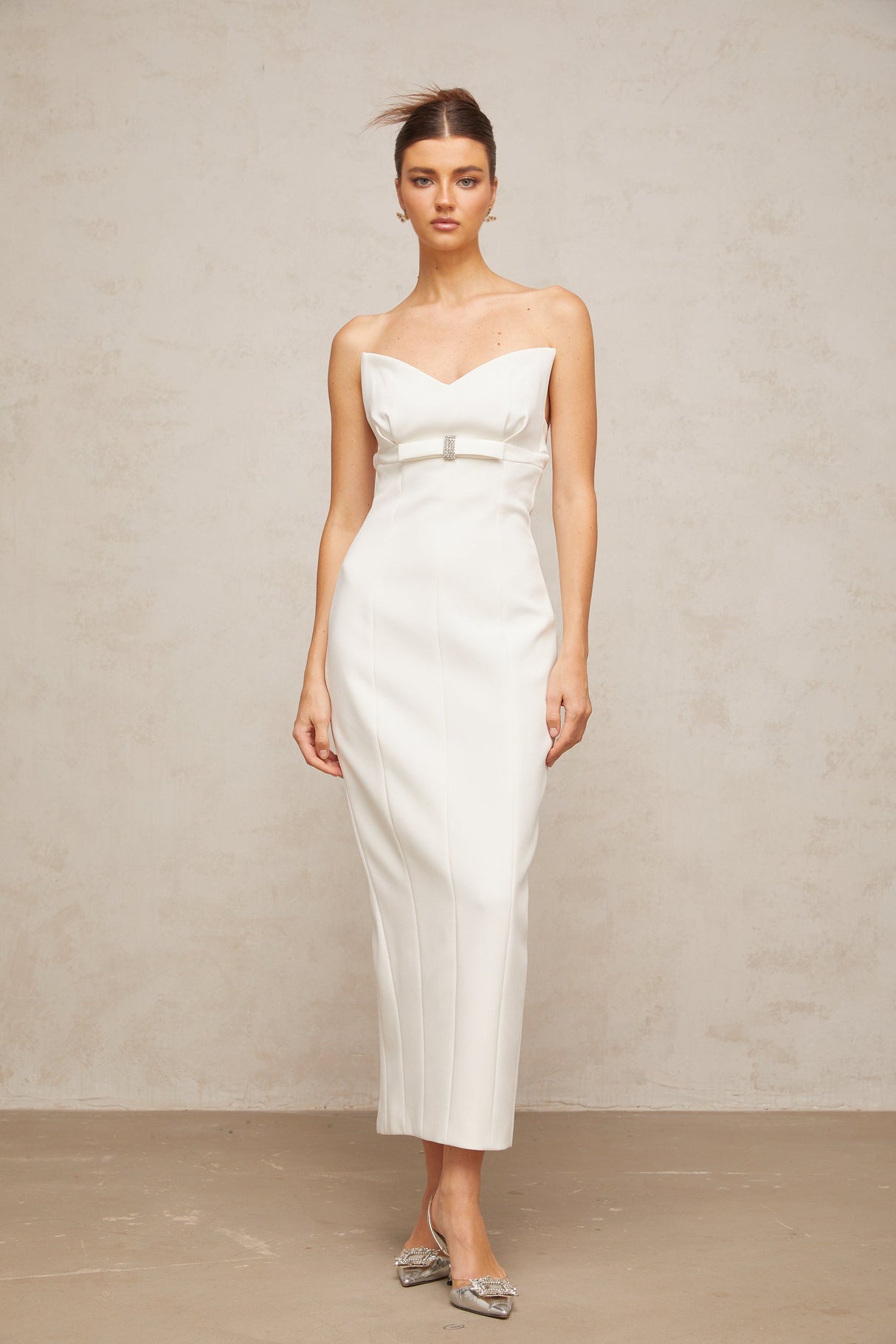 Aurohaya Isaline white corset bow-detail midi dress