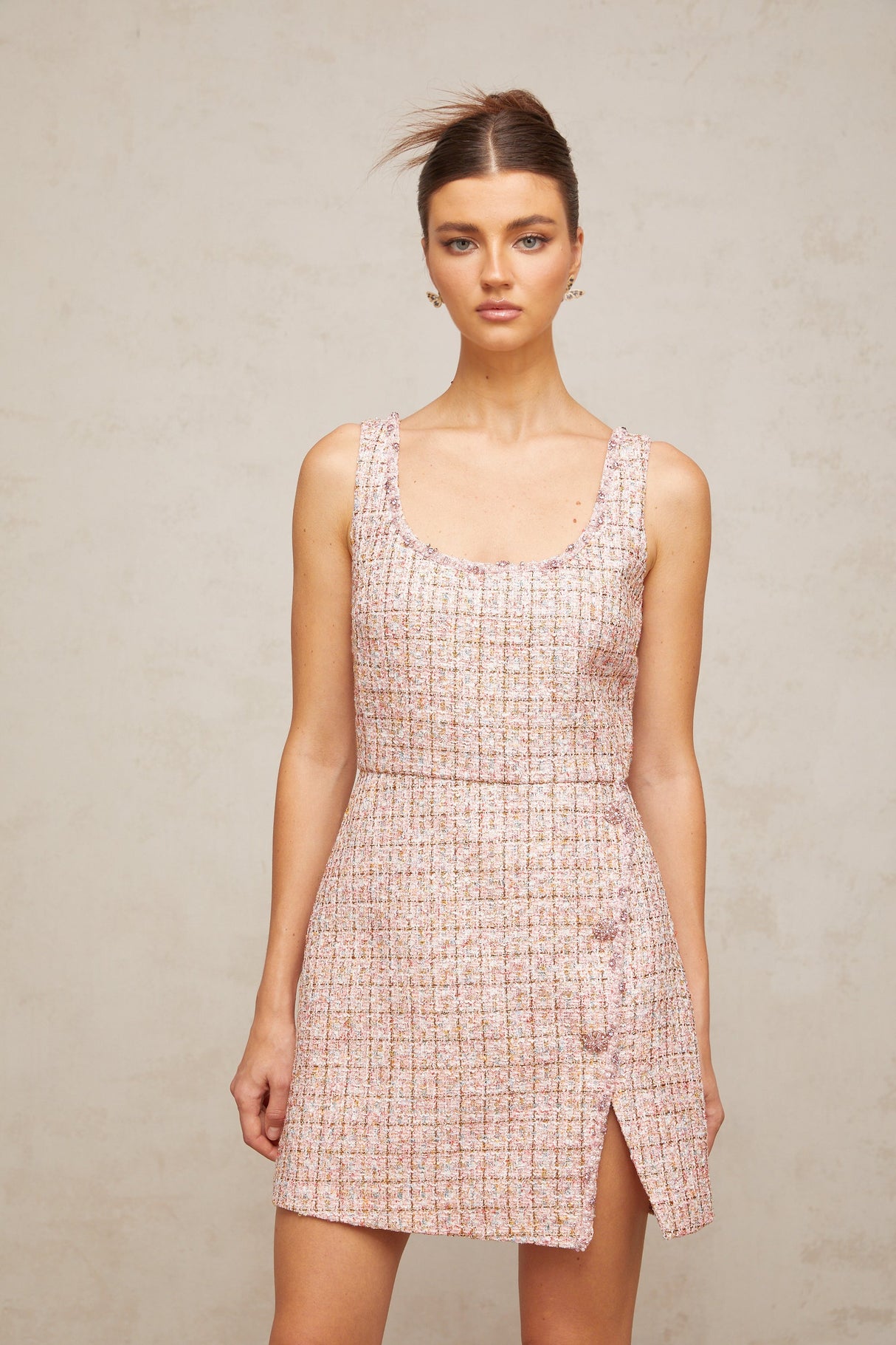 Aurohaya Aoife pink embellished tweed mini dress