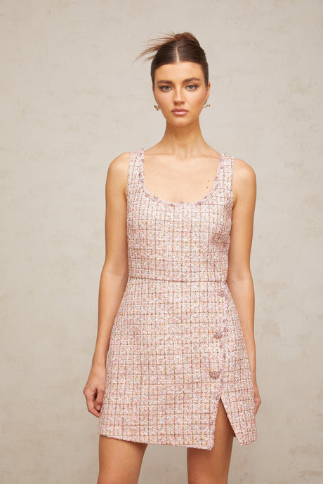 Aurohaya Aoife pink embellished tweed mini dress