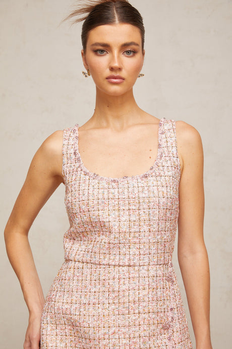 Aurohaya Aoife pink embellished tweed mini dress