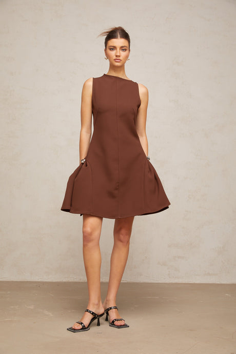 Aurohaya Dora brown asymmetrical-neck puff mini dress