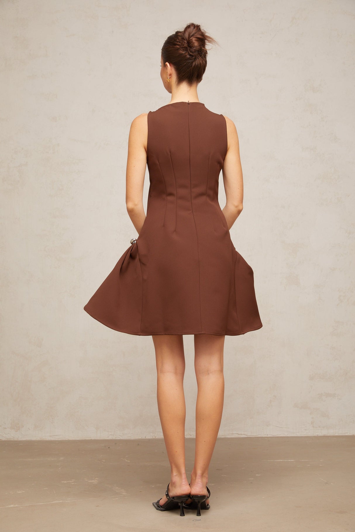 Aurohaya Dora brown asymmetrical-neck puff mini dress