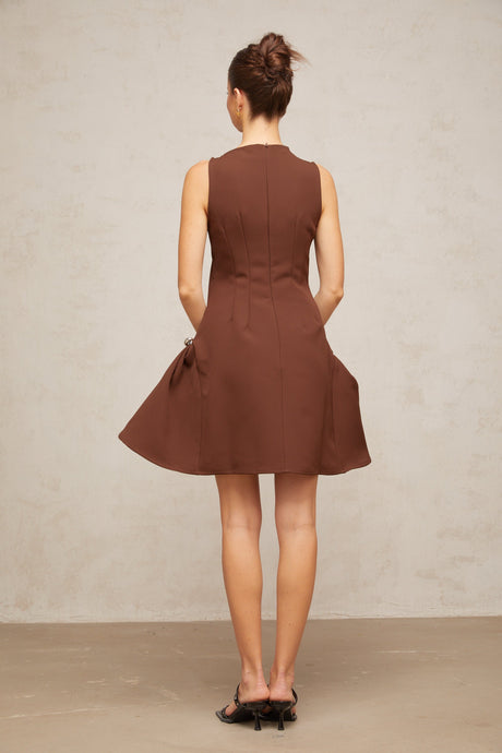 Aurohaya Dora brown asymmetrical-neck puff mini dress
