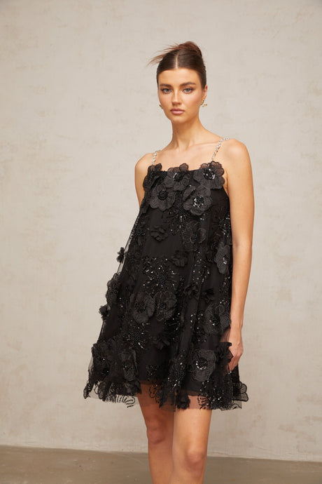 Aurohaya Suzette crystal-embellished floral mini dress in Black